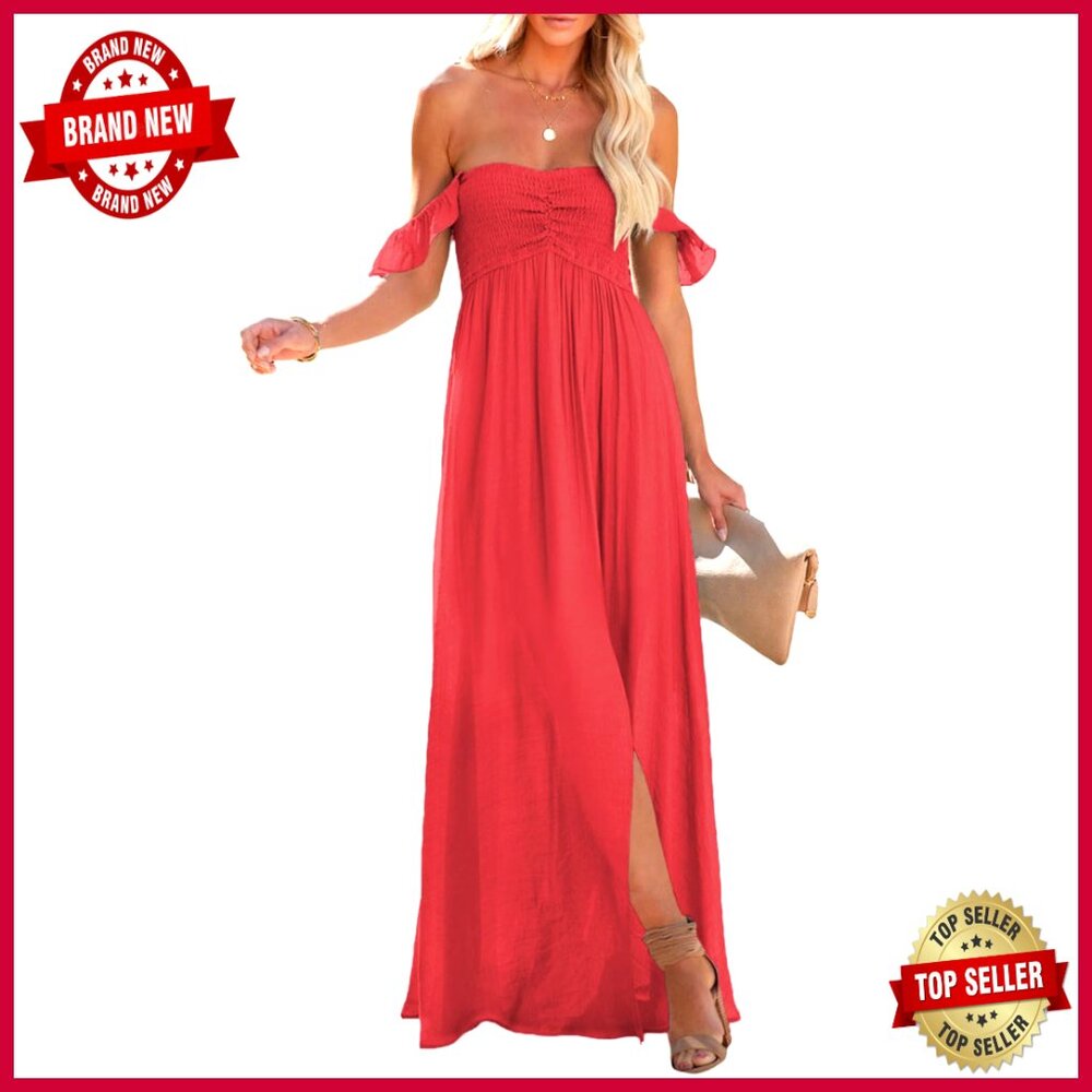 Smocked Off Shoulder Maxi Dress Ruffle Sleeve A-Line Side Slit Summer Sundress